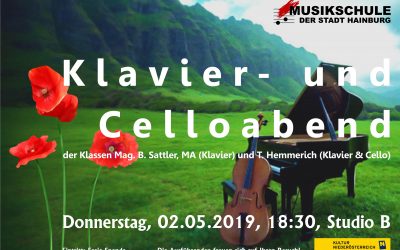 KLAVIER- UND CELLOABEND der Klassen Mag. B. Sattler, MA (Klavier) und T. Hemmerich (Cello, Klavier), 02.05.2019, 18:30, Studio B